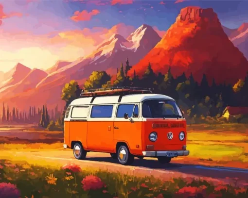 Camper Van In Mountains Diamond Painting