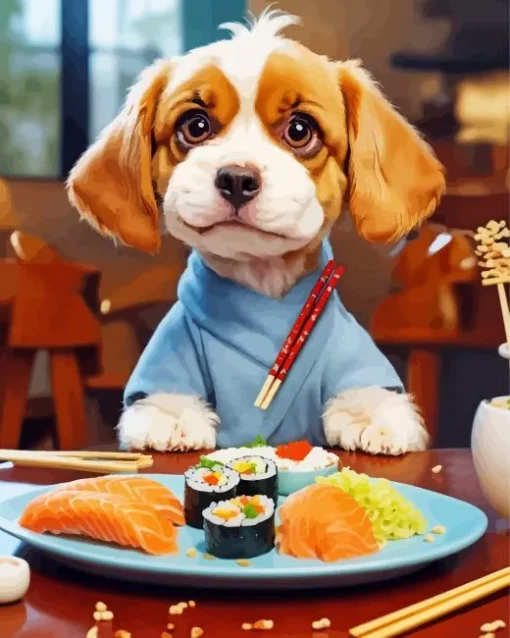 Cavalier King Charles Spaniel Eating Sushi Diamond Painting