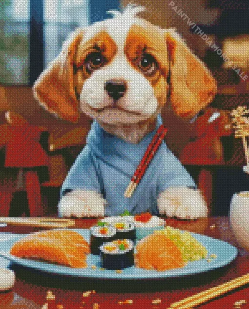 Cavalier King Charles Spaniel Eating Sushi Diamond Painting