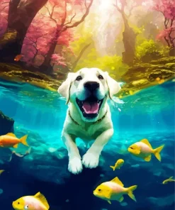 Golden Retriever Swimming With Fish Diamond Painting