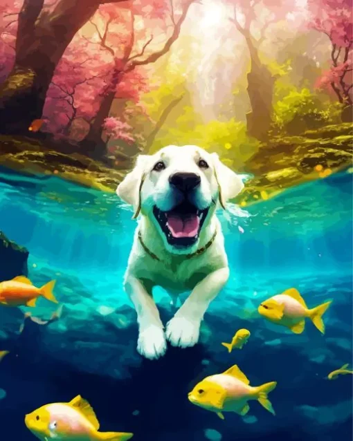 Golden Retriever Swimming With Fish Diamond Painting