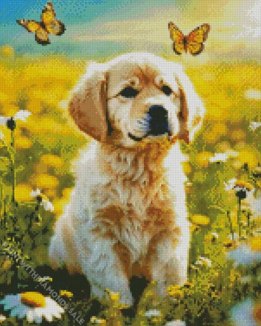 Golden Retriever With Butterflies Diamond Painting