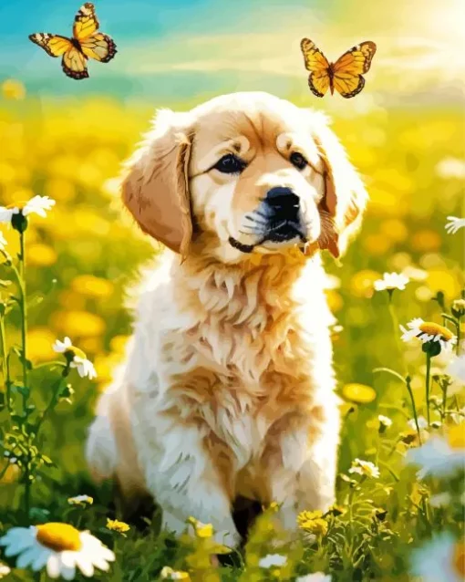 Golden Retriever With Butterflies Diamond Painting