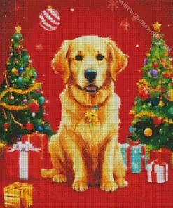 Golden Retriever With Christmas Trees Diamond Painting