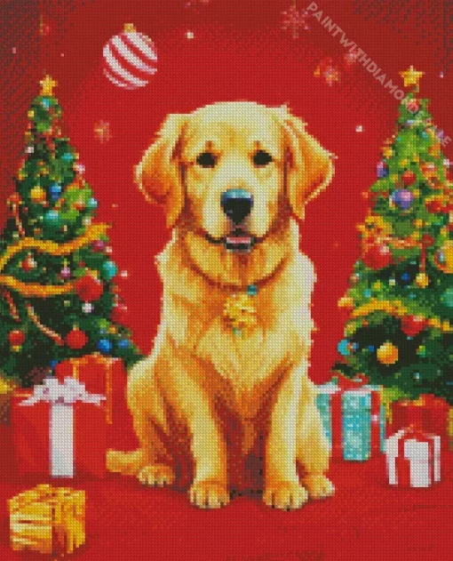 Golden Retriever With Christmas Trees Diamond Painting