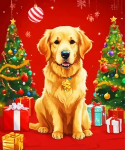 Golden Retriever With Christmas Trees Diamond Painting