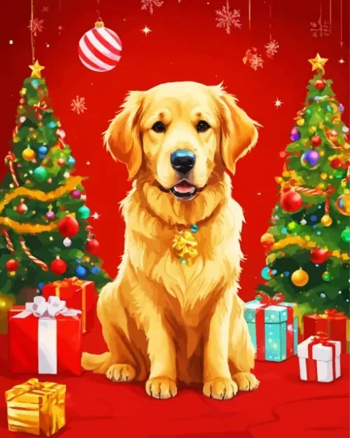 Golden Retriever With Christmas Trees Diamond Painting