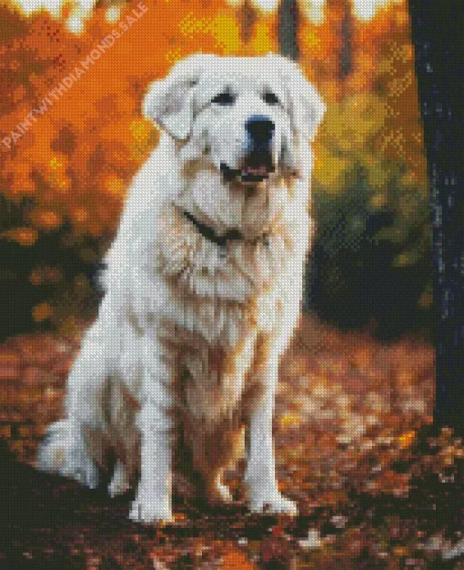 Great Pyrenees In Autumn Leaves Diamond Painting