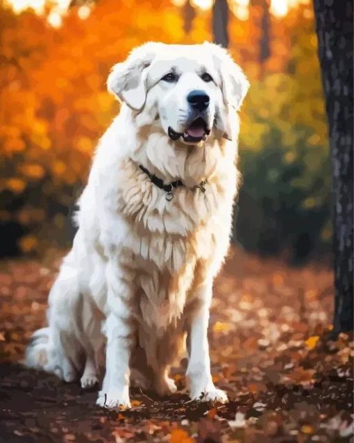 Great Pyrenees In Autumn Leaves Diamond Painting