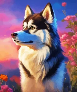 Husky Dog With Pink Flowers Diamond Painting