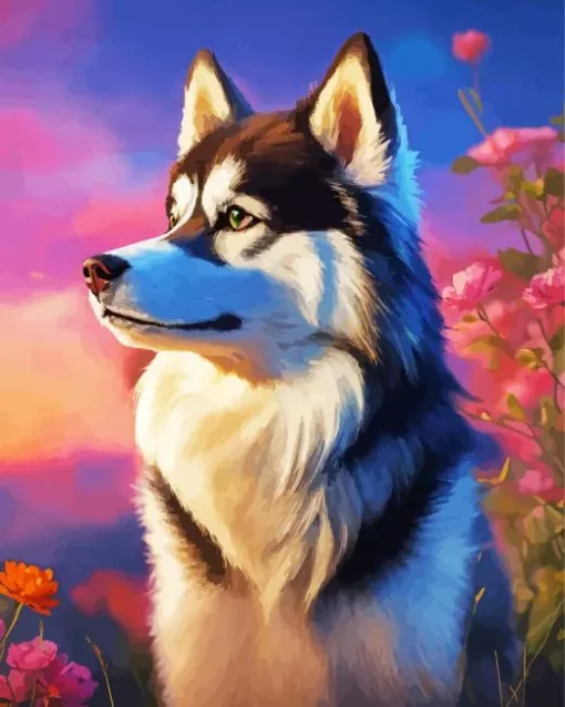 Husky Dog With Pink Flowers Diamond Painting