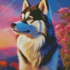 Husky Dog With Pink Flowers Diamond Painting