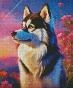 Husky Dog With Pink Flowers Diamond Painting