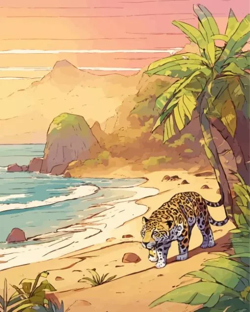 Jaguar Walking At The Beach Diamond Painting