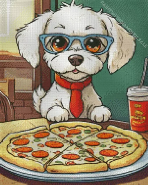 Maltese Eating Pizza Diamond Painting