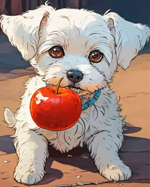 Maltese With Red Apple Diamond Painting