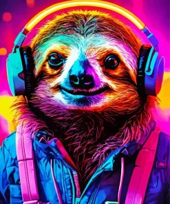 Neon Sloth With Headphones Diamond Painting