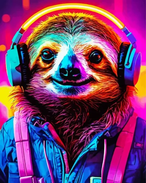 Neon Sloth With Headphones Diamond Painting