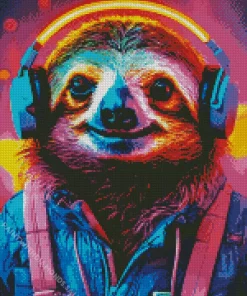 Neon Sloth With Headphones Diamond Painting