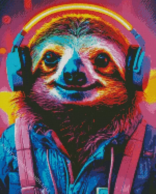 Neon Sloth With Headphones Diamond Painting