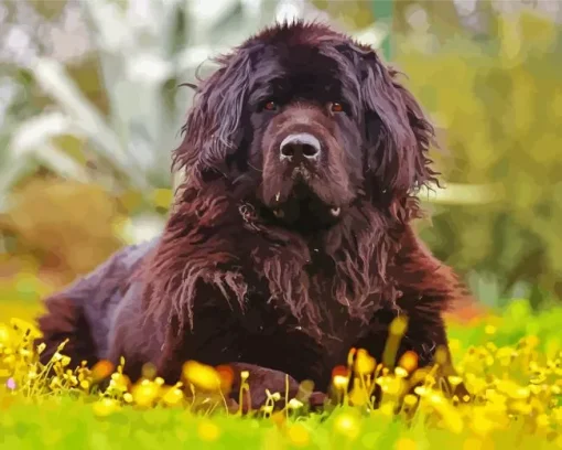 Newfoundland In Flowers Field Diamond Painting