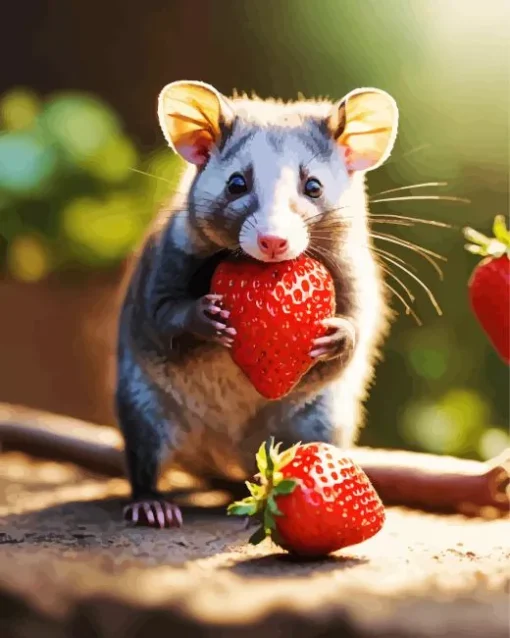 Opossum Eating Strawberries Diamond Painting