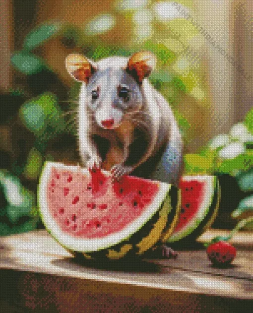 Opossum Holding Watermelon Diamond Painting