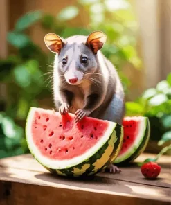 Opossum Holding Watermelon Diamond Painting