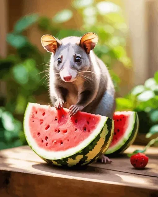 Opossum Holding Watermelon Diamond Painting