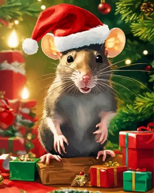 Opossum With Santa Hat Diamond Painting