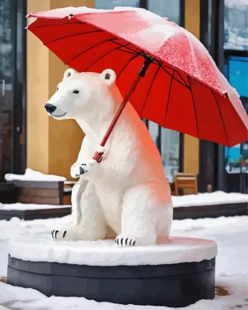 Polar Bear With Red Umbrella Diamond Painting