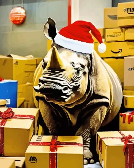 Rhino With Christmas Gifts Diamond Painting