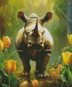 Rhino With Yellow Tulips Diamond Painting