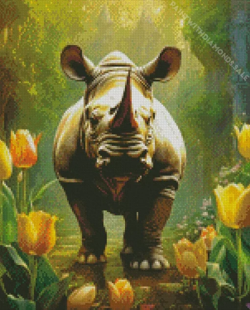 Rhino With Yellow Tulips Diamond Painting