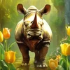 Rhino With Yellow Tulips Diamond Painting