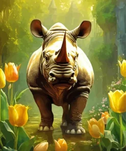 Rhino With Yellow Tulips Diamond Painting