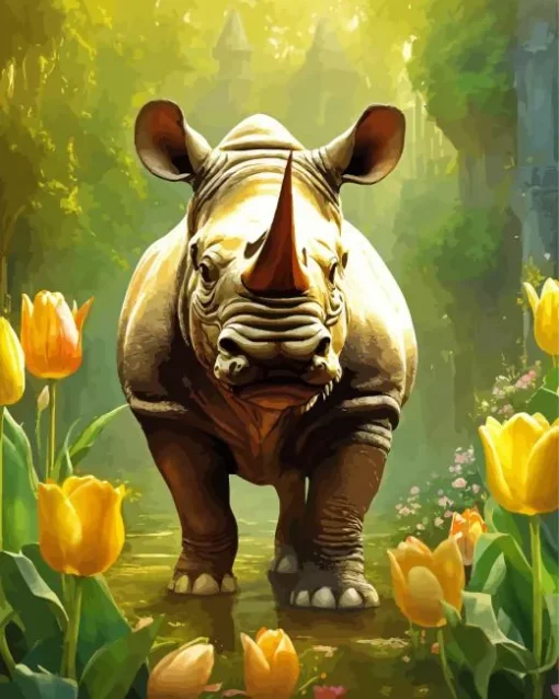 Rhino With Yellow Tulips Diamond Painting