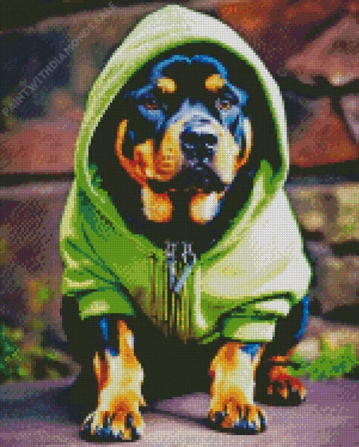 Rottweiler In A Green Hoodie Diamond Painting