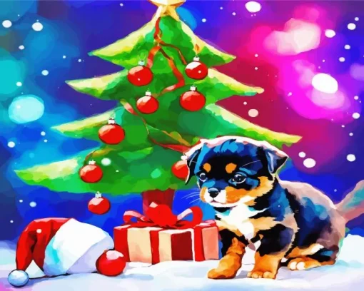 Rottweiler Puppy With Christmas Gifts Diamond Painting