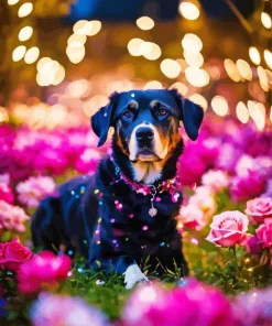 Rottweiler With Pink Flowers Diamond Painting