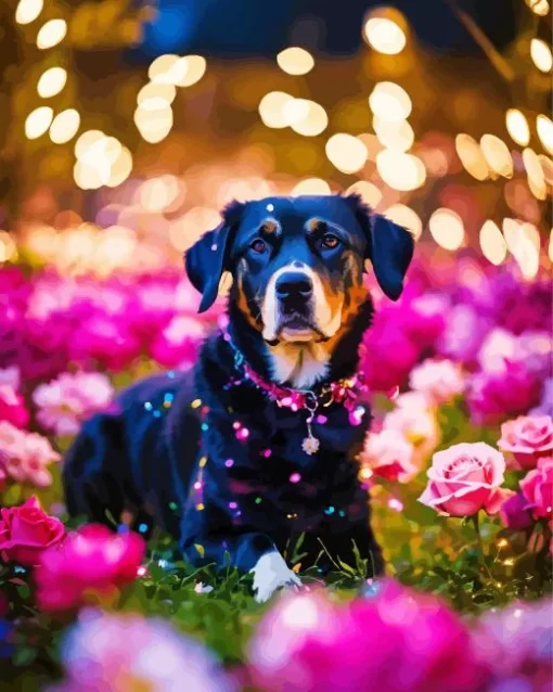 Rottweiler With Pink Flowers Diamond Painting