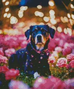 Rottweiler With Pink Flowers Diamond Painting