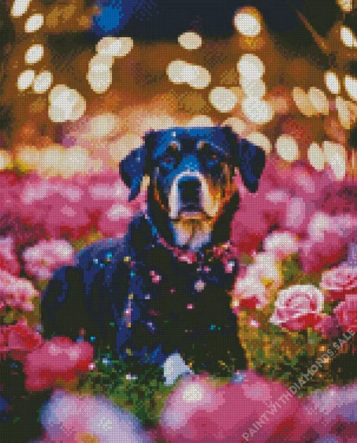 Rottweiler With Pink Flowers Diamond Painting