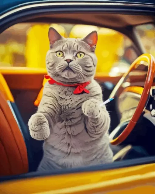 Russian Blue In A Vintage Car Diamond Painting