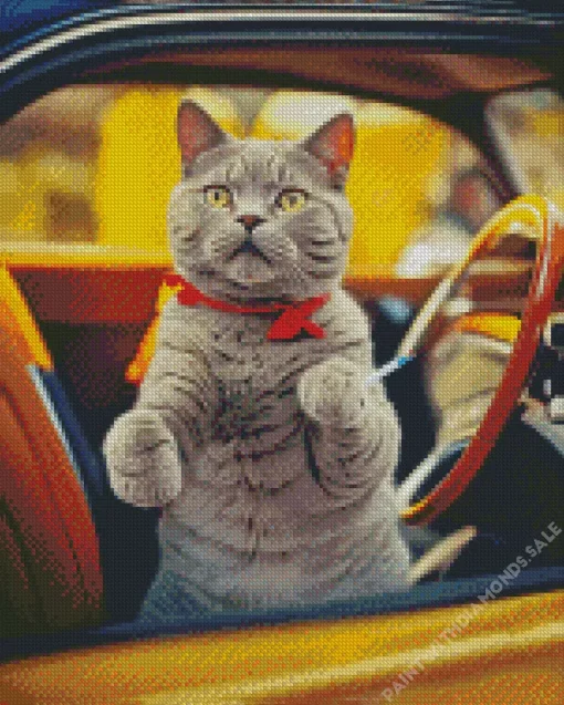 Russian Blue In A Vintage Car Diamond Painting