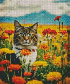 Tabby Cat In Flowers Field Diamond Painting