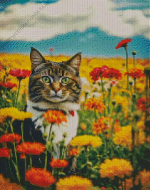 Tabby Cat In Flowers Field Diamond Painting