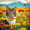 Tabby Cat In Flowers Field Diamond Painting