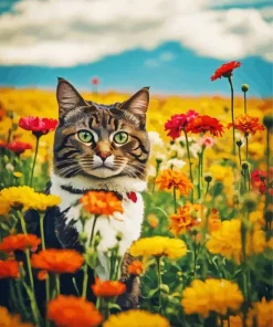 Tabby Cat In Flowers Field Diamond Painting