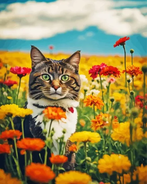 Tabby Cat In Flowers Field Diamond Painting